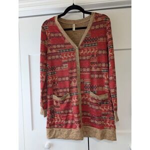 Grecerelle Red Fair Isle Reindeer Longline Cardigan Sweater Pockets Small